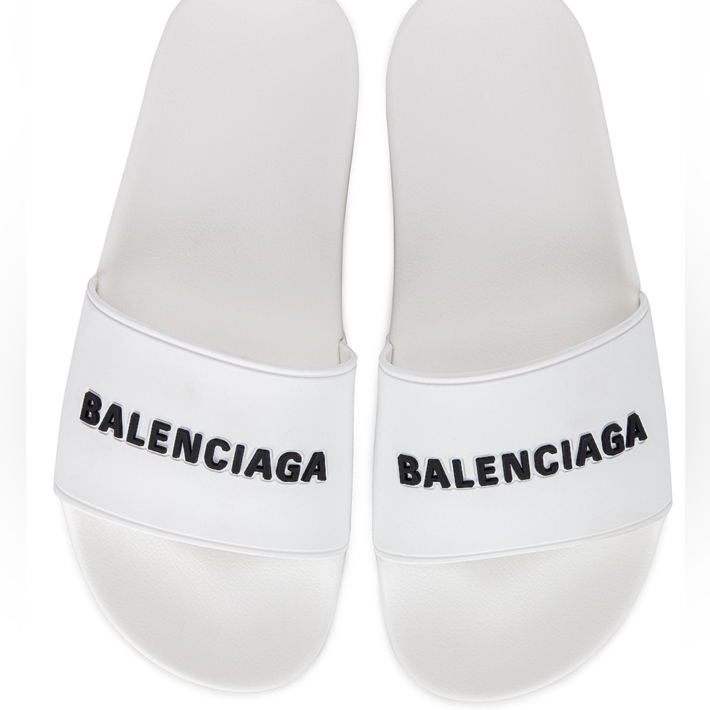 Balenciaga Rubber Logo Pool Slides In White & Black
